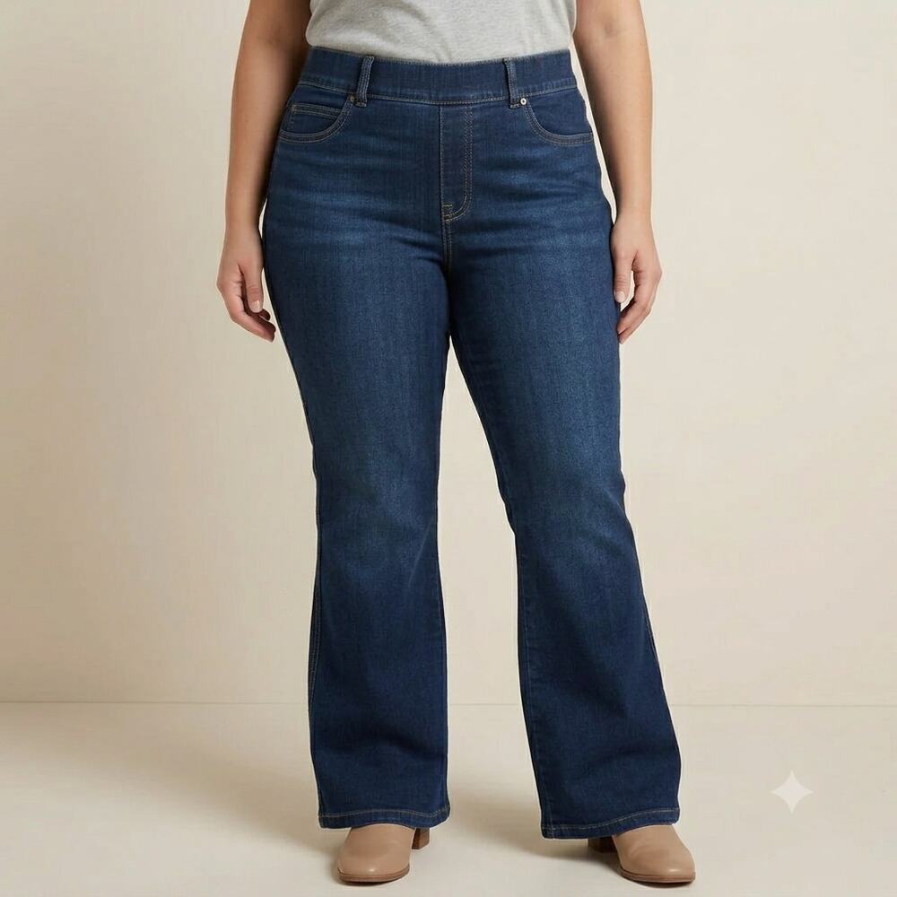 Spanx High-Rise Pull-On Flare Jeans Tummy Control Dark Wash Size Large Petite